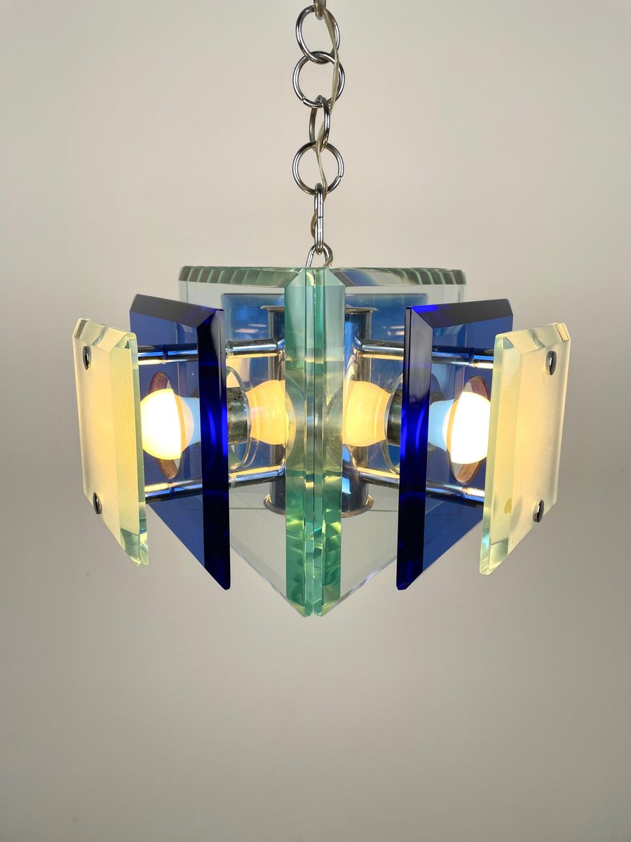 Blue Glass & Chrome Chandelier from Lupi Cristal Luxor, Italy, 1970s