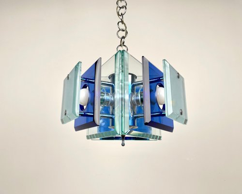 Blue Glass & Chrome Chandelier from Lupi Cristal Luxor, Italy, 1970s-LYQ-1171506