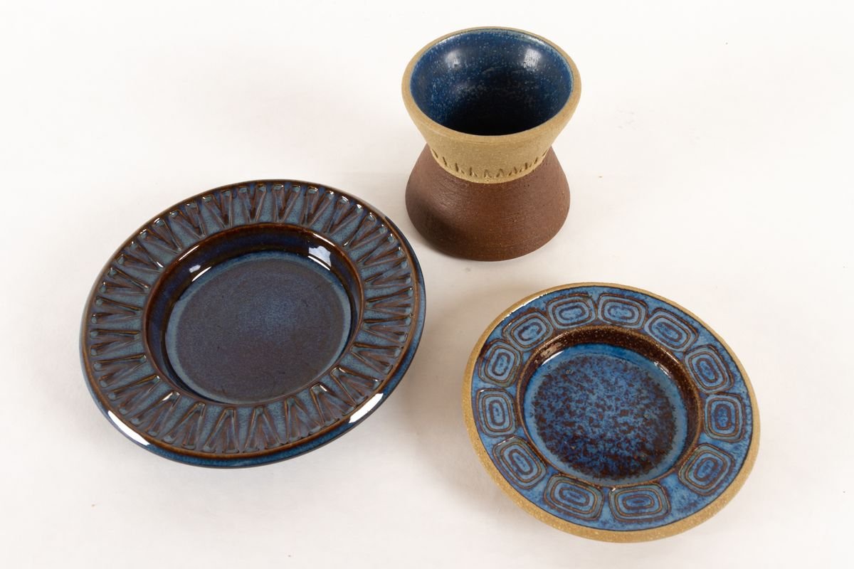 Blue Glazed Ceramic Ashtrays by Einar Johansen for Søholm, 1960s, Set of 3