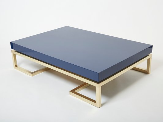 Blue Lacquer Brass Coffee Table by Guy Lefevre for Maison Jansen, 1970s-YJA-1362129