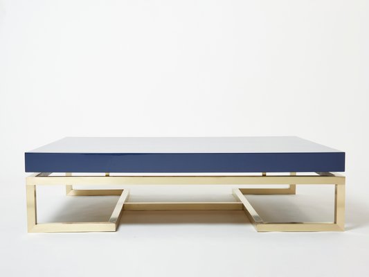 Blue Lacquer Brass Coffee Table by Guy Lefevre for Maison Jansen, 1970s-YJA-1362129