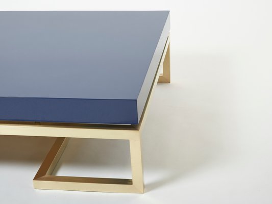 Blue Lacquer Brass Coffee Table by Guy Lefevre for Maison Jansen, 1970s-YJA-1362129