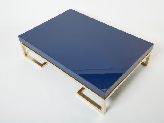 Blue Lacquer Brass Coffee Table by Guy Lefevre for Maison Jansen, 1970s-YJA-1362129