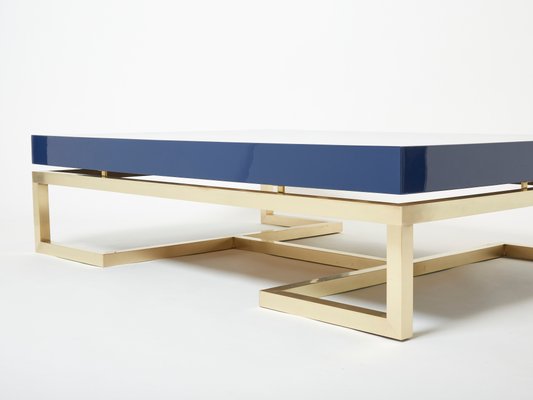 Blue Lacquer Brass Coffee Table by Guy Lefevre for Maison Jansen, 1970s-YJA-1362129