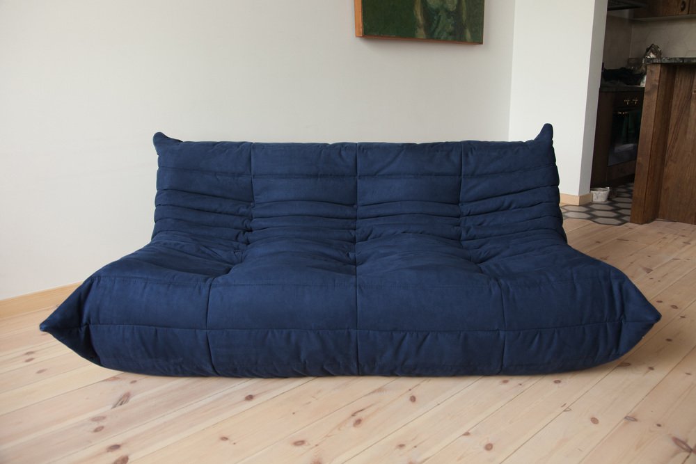 Blue Microfiber Togo 3-Seater Sofa by Michel Ducaroy for Ligne Roset