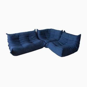 Blue Microfiber Togo Lounge Chair, Corner Chair and 2-Seat Sofa by Michel Ducaroy for Ligne Roset, Set of 3-IXA-692155