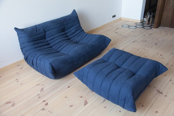 Blue Microfiber Togo Pouf and 2-Seat Sofa by Michel Ducaroy for Ligne Roset, Set of 2-IXA-660002