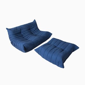 Blue Microfiber Togo Pouf and 2-Seat Sofa by Michel Ducaroy for Ligne Roset, Set of 2-IXA-660002