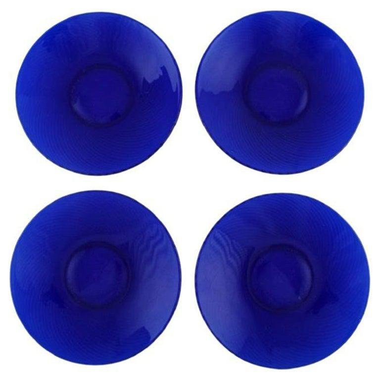 Blue Mouth-Blown Art Glass Plates by Monica Bratt for Reijmyre, Set of 4