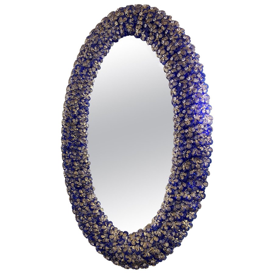 Blue Murano Glass Flower Oval-Shaped Mirror