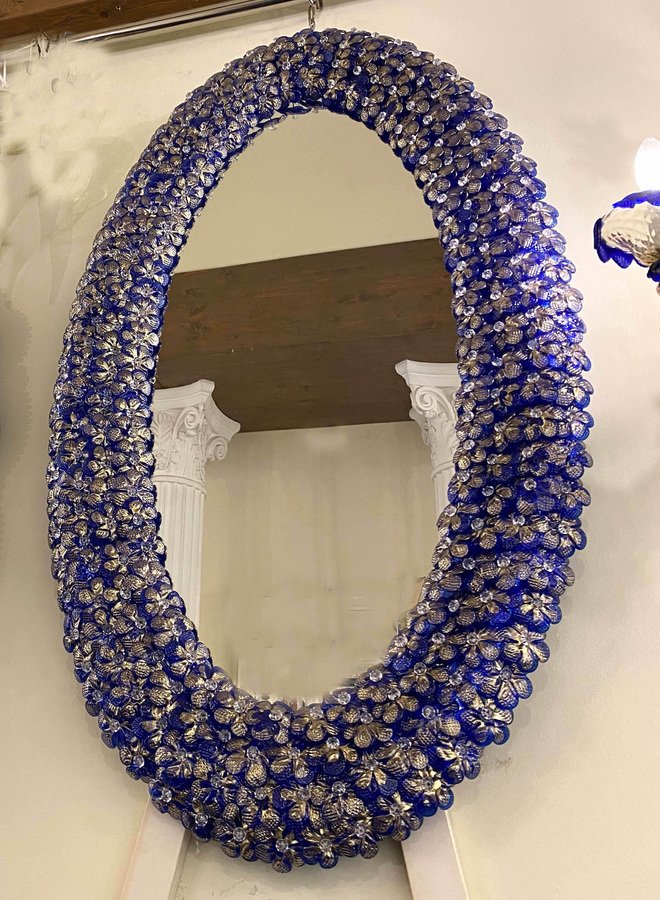 Blue Murano Glass Flower Oval-Shaped Mirror