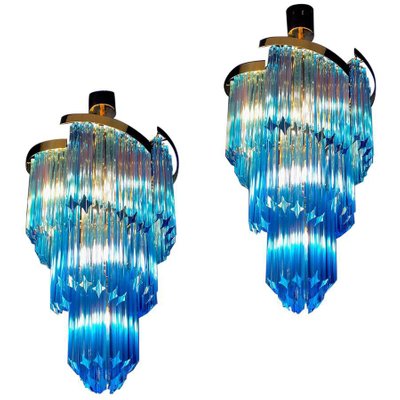 Blue Murano Prism Chandeliers with Golden Frame, 1980s, Set of 2-MBH-1032705