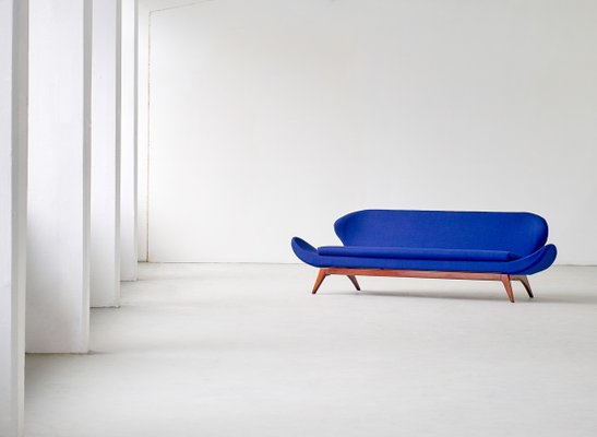 Blue Raf Simons Fabric & Walnut Sofa by Luigi Tiengo for Cimon, 1963-FMT-609346