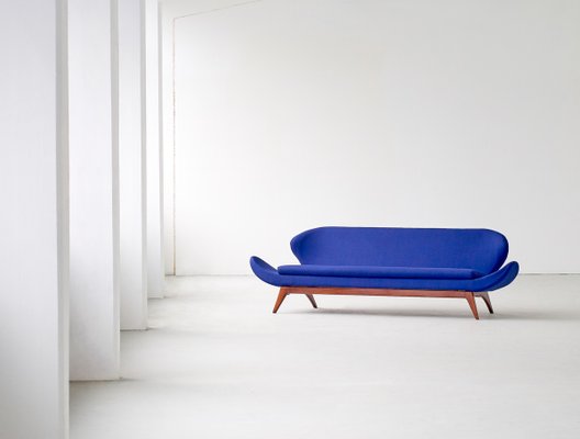 Blue Raf Simons Fabric & Walnut Sofa by Luigi Tiengo for Cimon, 1963-FMT-609346