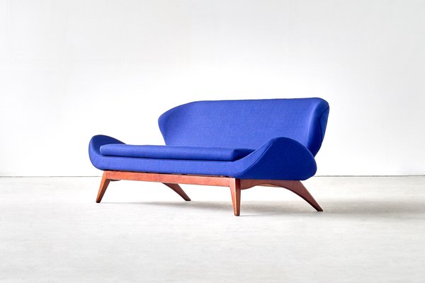 Blue Raf Simons Fabric & Walnut Sofa by Luigi Tiengo for Cimon, 1963-FMT-609346