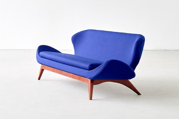 Blue Raf Simons Fabric & Walnut Sofa by Luigi Tiengo for Cimon, 1963-FMT-609346