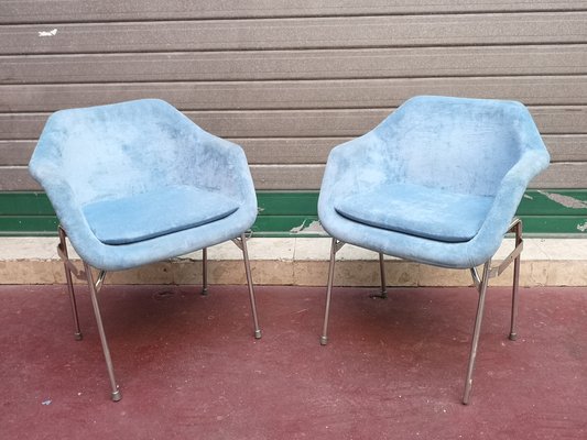 Blue Upholstery and Chrome Armchairs, 1970s, Set of 2-NAD-1821256