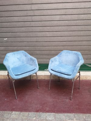 Blue Upholstery and Chrome Armchairs, 1970s, Set of 2-NAD-1821256