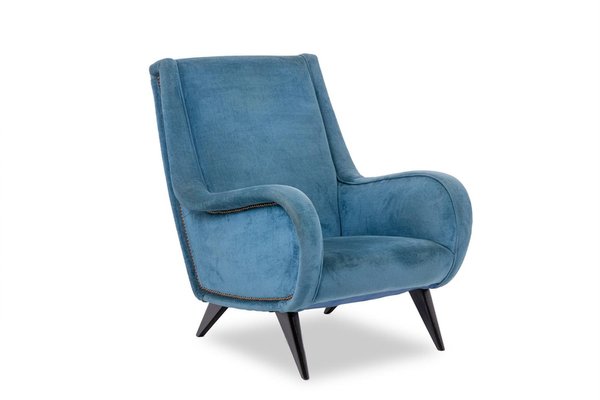 Blue Velvet Armchair with Beech Base, 1950s-CEJ-2026350