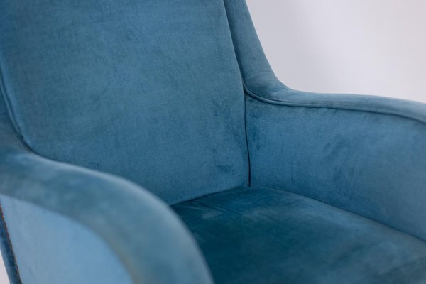 Blue Velvet Armchair with Beech Base, 1950s-CEJ-2026350