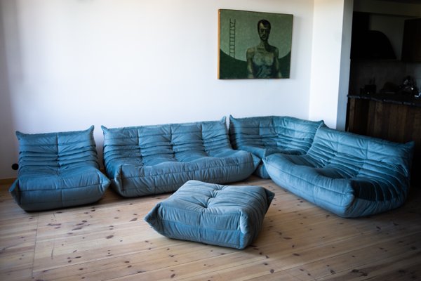 Blue Velvet Living Room Set by Michel Ducaroy for Ligne Roset, 1970s, Set of 5-IXA-947698