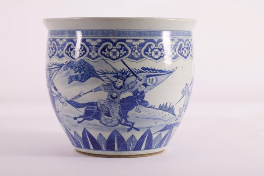 Blue White Porcelain Fish Basin Decorated with Qing Horsemen