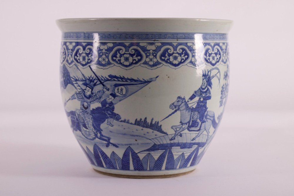 Blue White Porcelain Fish Basin Decorated with Qing Horsemen