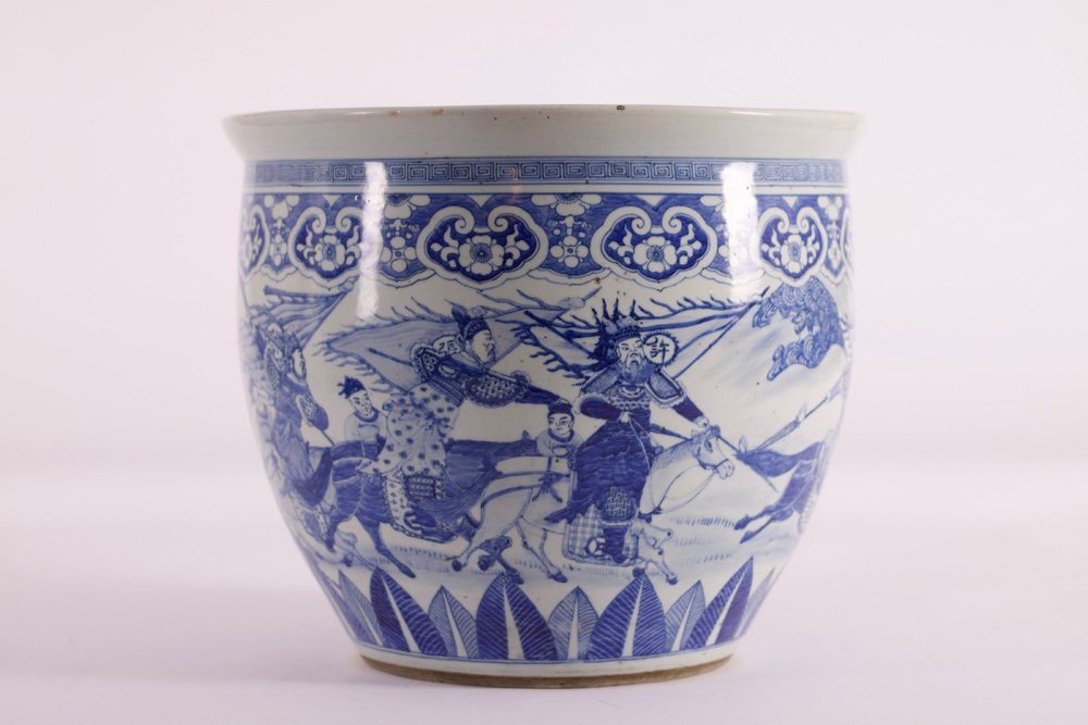 Blue White Porcelain Fish Basin Decorated with Qing Horsemen