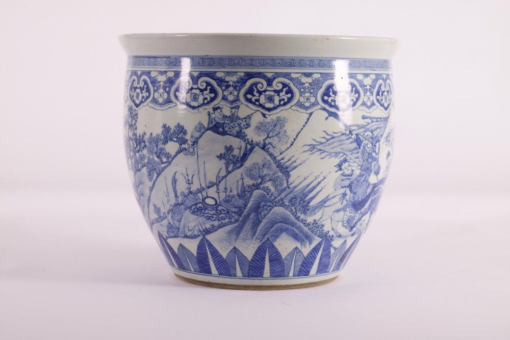 Blue White Porcelain Fish Basin Decorated with Qing Horsemen