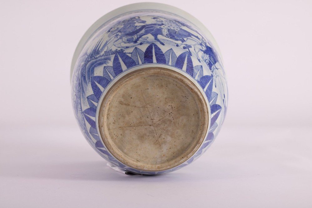 Blue White Porcelain Fish Basin Decorated with Qing Horsemen