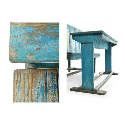 Blue Wooden Double School Desk-NQ-841773