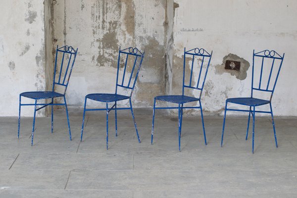 Blue Wrought Iron Garden Chairs, 1950, Set of 4-LA-1742391