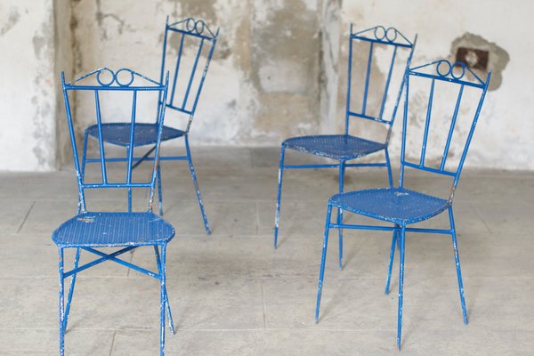 Blue Wrought Iron Garden Chairs, 1950, Set of 4-LA-1742391