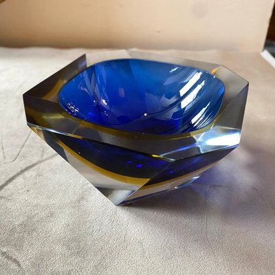 Blue & Yellow Sommerso Faceted Murano Glass Ashtray by Seguso, 1970s-NMK-1282644