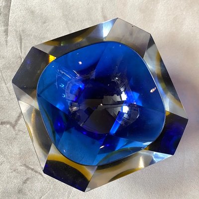 Blue & Yellow Sommerso Faceted Murano Glass Ashtray by Seguso, 1970s-NMK-1282644