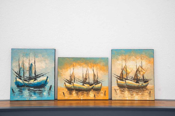 Boat on Water, 2000s, Acrylic on Canvas, Set of 3-KNM-1386420