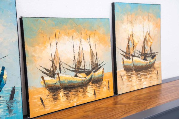 Boat on Water, 2000s, Acrylic on Canvas, Set of 3-KNM-1386420