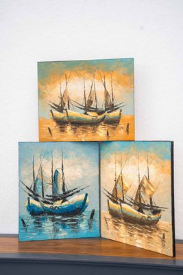 Boat on Water, 2000s, Acrylic on Canvas, Set of 3-KNM-1386420