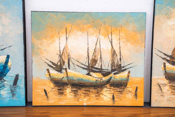 Boat on Water, 2000s, Acrylic on Canvas, Set of 3-KNM-1386420