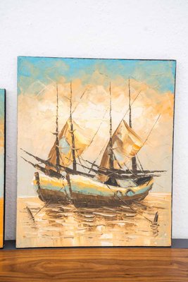 Boat on Water, 2000s, Acrylic on Canvas, Set of 3-KNM-1386420