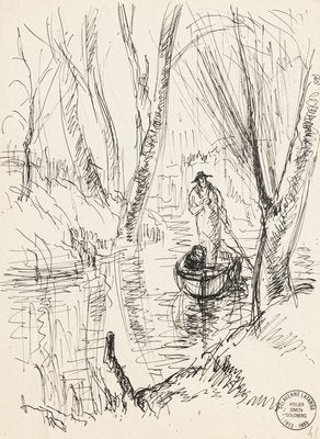 Boatman - Original Pen Drawing by S. Goldberg - Mid 20th Century Mid 20th Century-ZCI-758150