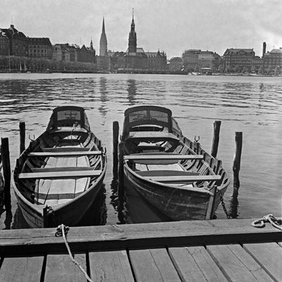 Boats at Quay on Alster View to Hamburg City Hall, Germany 1938, Printed 2021-DYV-992040