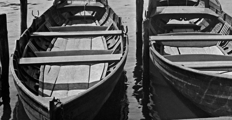 Boats at Quay on Alster View to Hamburg City Hall, Germany 1938, Printed 2021