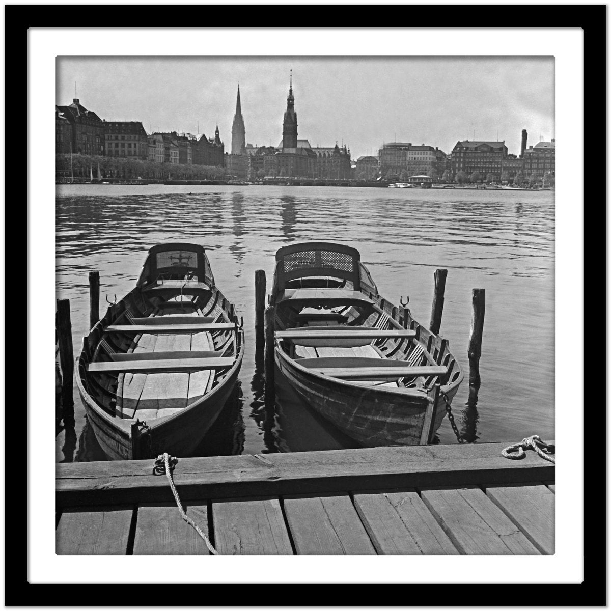 Boats at Quay on Alster View to Hamburg City Hall, Germany 1938, Printed 2021