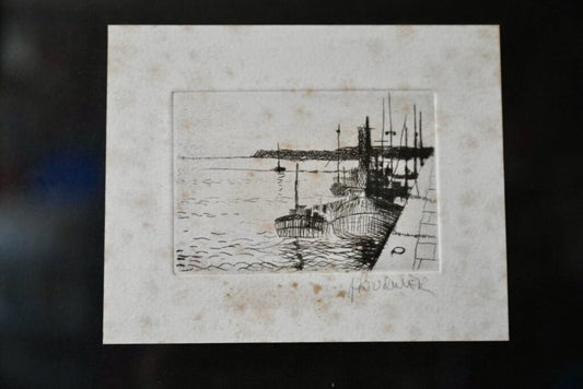 Boats at the Port, 1950s, Ink on Paper, Framed