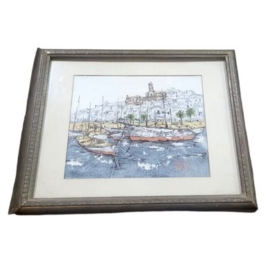 Boats on the Sean with a Castle, 1950s, Oil & Acrylic & Mixed Media, Framed-TCS-2020675