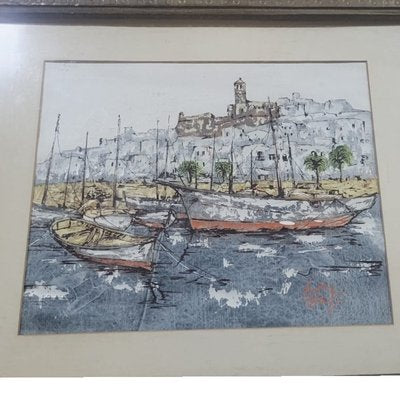 Boats on the Sean with a Castle, 1950s, Oil & Acrylic & Mixed Media, Framed-TCS-2020675