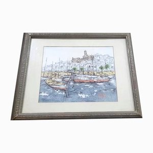 Boats on the Sean with a Castle, 1950s, Oil & Acrylic & Mixed Media, Framed-TCS-2020675