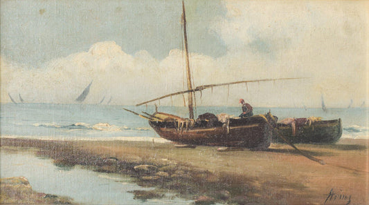 Boats on the Shore, Early 20th-Century, Oil on Board, Framed