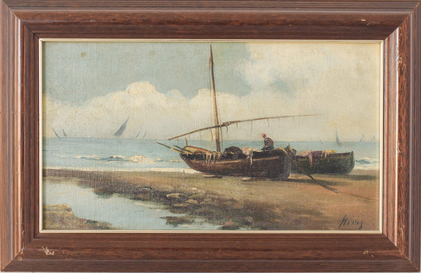 Boats on the Shore, Early 20th-Century, Oil on Board, Framed